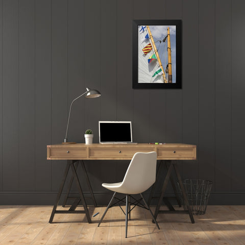 WA, Boat sail and flags at Bainbridge Island Black Modern Wood Framed Art Print by Paulson, Don