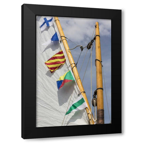 WA, Boat sail and flags at Bainbridge Island Black Modern Wood Framed Art Print by Paulson, Don