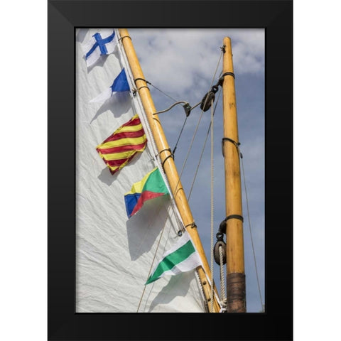 WA, Boat sail and flags at Bainbridge Island Black Modern Wood Framed Art Print by Paulson, Don
