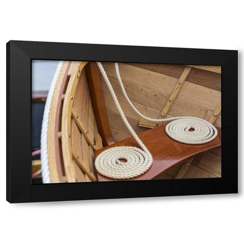 WA, Bainbridge Island, Coiled line in wooden boat Black Modern Wood Framed Art Print by Paulson, Don