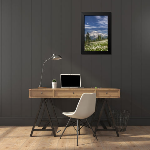 Washington Avalanche lilies and Mount Rainier Black Modern Wood Framed Art Print by Paulson, Don