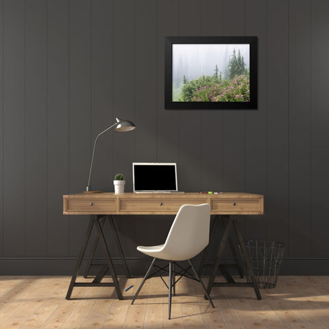 WA, Mount Rainier NP flowers in misty forest Black Modern Wood Framed Art Print by Paulson, Don