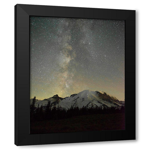 The lights of climbers can be seen on the mountain as the Milky Way rises behind Mt Rainier Black Modern Wood Framed Art Print by Probst, Greg