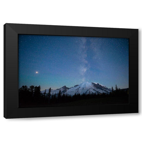 The lights of climbers can be seen on the mountain as the Milky Way rises behind Mt Rainier Black Modern Wood Framed Art Print by Probst, Greg