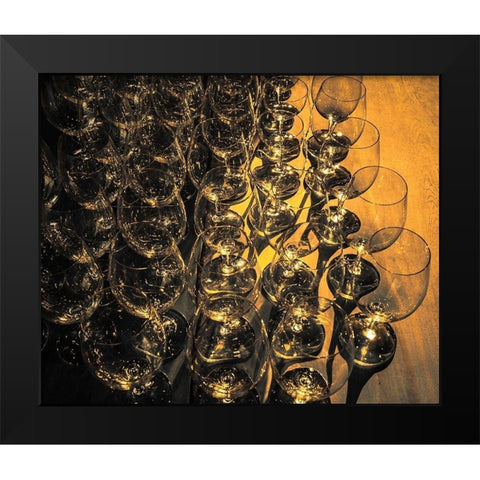 Washington State-Walla Walla Pattern of empty wine glasses in rich sunlight on wooden table Black Modern Wood Framed Art Print by Duval, Richard