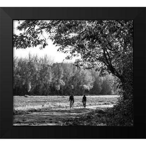 USA-Washington State-Fall City black and white two bike riders along Neal Rd SE Black Modern Wood Framed Art Print by Gulin, Sylvia