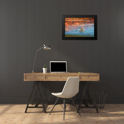 WV, Davis Misty valley and forest in Autumn Black Modern Wood Framed Art Print by OBrien, Jay