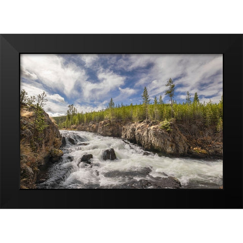 Cascading Firehole River and clouds-Yellowstone National Park-Wyoming Black Modern Wood Framed Art Print by Jones, Adam