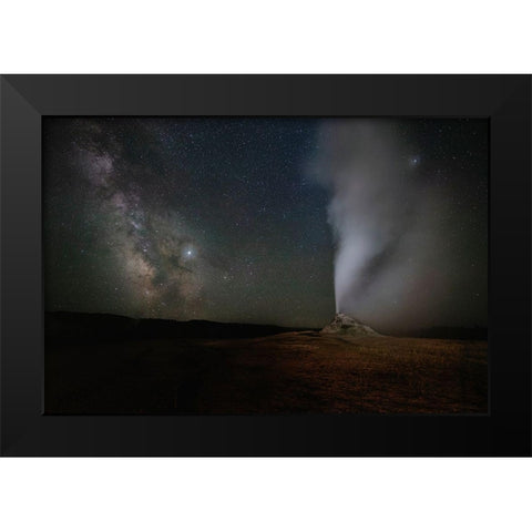 Wyoming-Yellowstone National Park Milky Way above erupting White Dome Geyser Black Modern Wood Framed Art Print by Jaynes Gallery