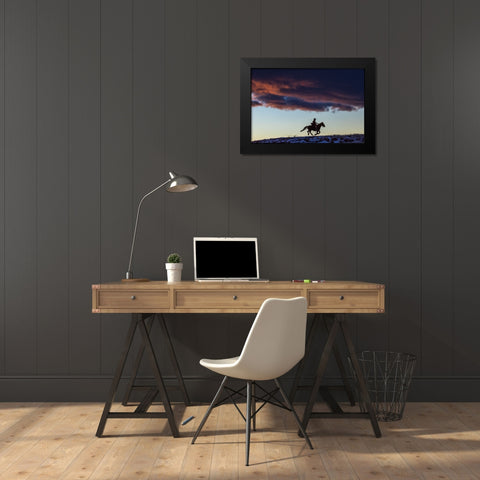 USA- Wyoming. Hideout Horse Ranch- wrangler and horse at sunset. Black Modern Wood Framed Art Print by Looney, Hollice