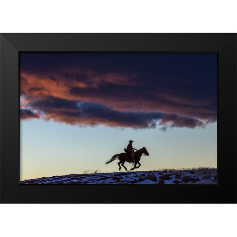USA- Wyoming. Hideout Horse Ranch- wrangler and horse at sunset. Black Modern Wood Framed Art Print by Looney, Hollice