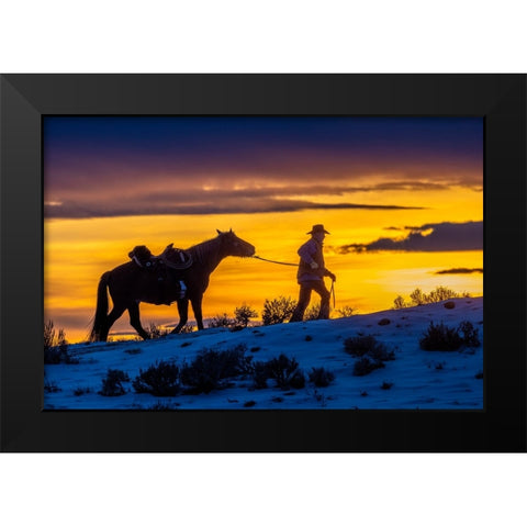 USA- Wyoming. Hideout Horse Ranch- wrangler and horse at sunset. Black Modern Wood Framed Art Print by Looney, Hollice