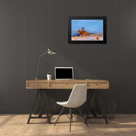USA- Wyoming. Hideout Horse Ranch- wrangler and horse in snow. Black Modern Wood Framed Art Print by Looney, Hollice