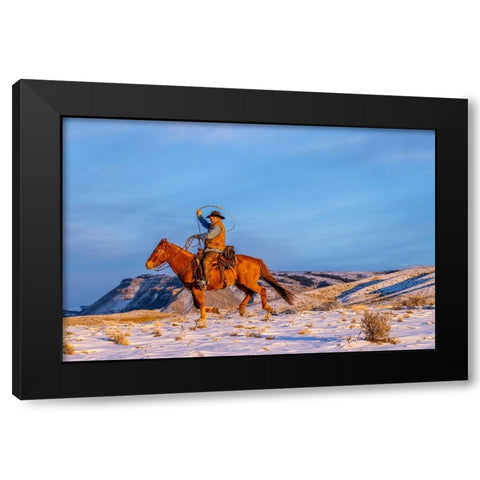 USA- Wyoming. Hideout Horse Ranch- wrangler and horse in snow. Black Modern Wood Framed Art Print with Double Matting by Looney, Hollice