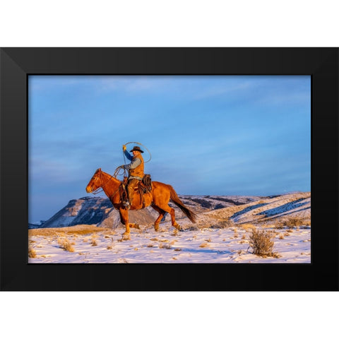 USA- Wyoming. Hideout Horse Ranch- wrangler and horse in snow. Black Modern Wood Framed Art Print by Looney, Hollice