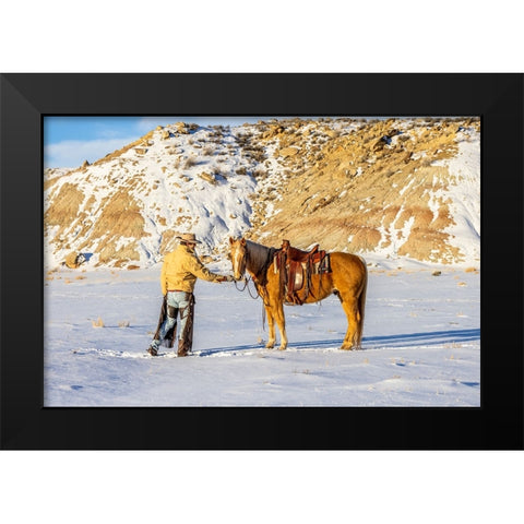 USA- Wyoming. Hideout Horse Ranch- wrangler and horse in snow. Black Modern Wood Framed Art Print by Looney, Hollice