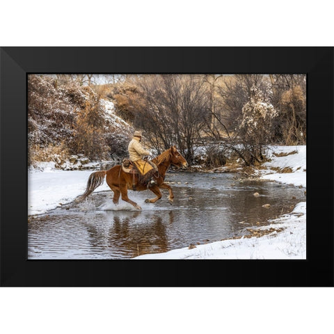 USA- Wyoming. Hideout Horse Ranch- wrangler crossing the stream on horseback. Black Modern Wood Framed Art Print by Looney, Hollice