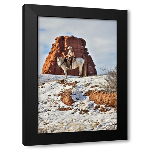USA- Wyoming. Hideout Horse Ranch- wrangler on horseback in snow. Black Modern Wood Framed Art Print with Double Matting by Looney, Hollice