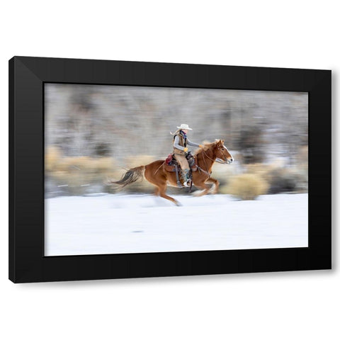 USA- Wyoming. Hideout Horse Ranch- wrangler on horseback in snow. Black Modern Wood Framed Art Print by Looney, Hollice