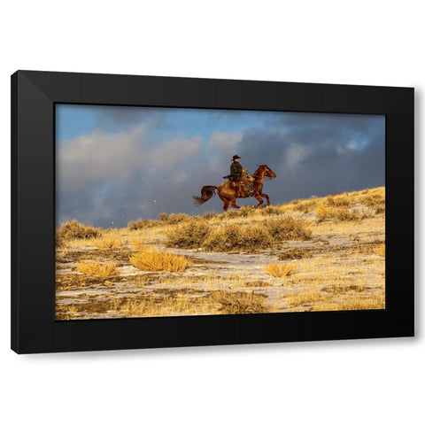 USA- Wyoming. Hideout Horse Ranch- wrangler on horseback in snow. Black Modern Wood Framed Art Print with Double Matting by Looney, Hollice