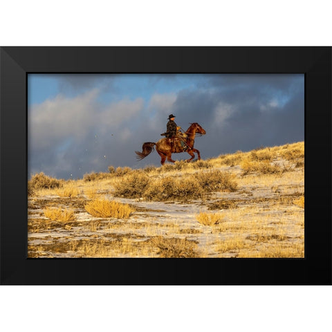 USA- Wyoming. Hideout Horse Ranch- wrangler on horseback in snow. Black Modern Wood Framed Art Print by Looney, Hollice
