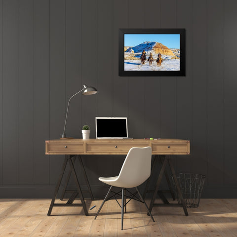 USA- Wyoming. Hideout Horse Ranch- wranglers and horses in snow. Black Modern Wood Framed Art Print by Looney, Hollice