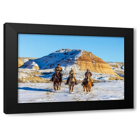 USA- Wyoming. Hideout Horse Ranch- wranglers and horses in snow. Black Modern Wood Framed Art Print by Looney, Hollice