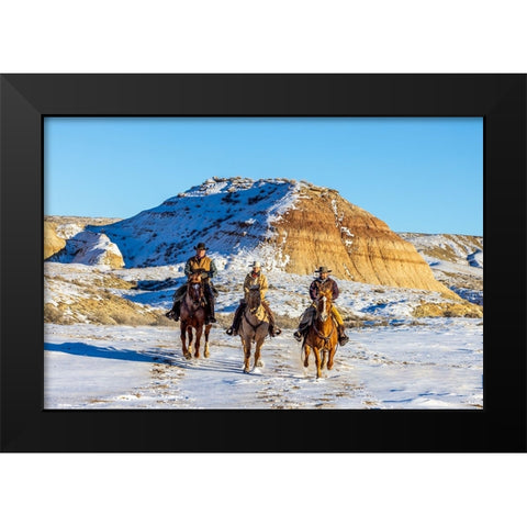 USA- Wyoming. Hideout Horse Ranch- wranglers and horses in snow. Black Modern Wood Framed Art Print by Looney, Hollice