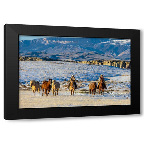 USA- Wyoming. Hideout Horse Ranch- wranglers and horses. Black Modern Wood Framed Art Print with Double Matting by Looney, Hollice