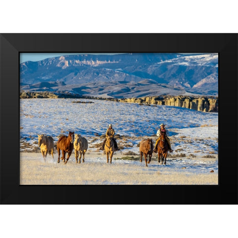 USA- Wyoming. Hideout Horse Ranch- wranglers and horses. Black Modern Wood Framed Art Print by Looney, Hollice