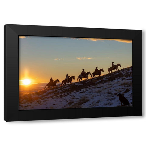 USA- Wyoming. Hideout Horse Ranch- wranglers on horseback in snow at sunset. Black Modern Wood Framed Art Print by Looney, Hollice