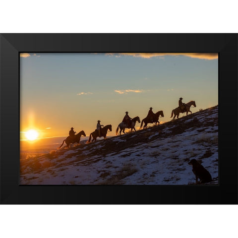 USA- Wyoming. Hideout Horse Ranch- wranglers on horseback in snow at sunset. Black Modern Wood Framed Art Print by Looney, Hollice
