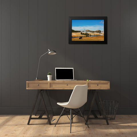 Yellowstone National Park-USA-Bison-buffalo-Steam-Old Faithful-Yellowstone River Black Modern Wood Framed Art Print by Sienda, Jolly