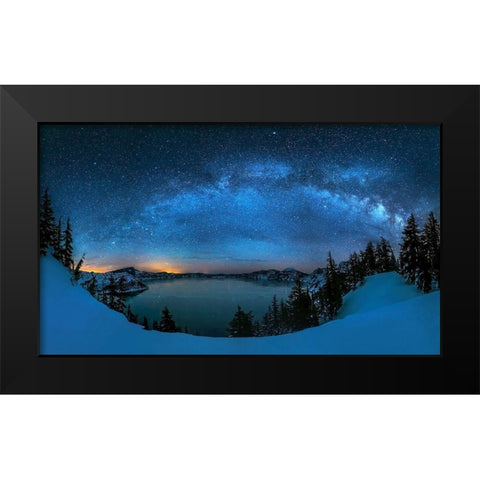 Starry Night Over The Crater Lake Black Modern Wood Framed Art Print by Zhu, Hua