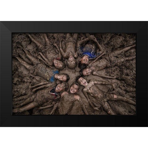 Happy Childrens Black Modern Wood Framed Art Print by Saputra, Daniel