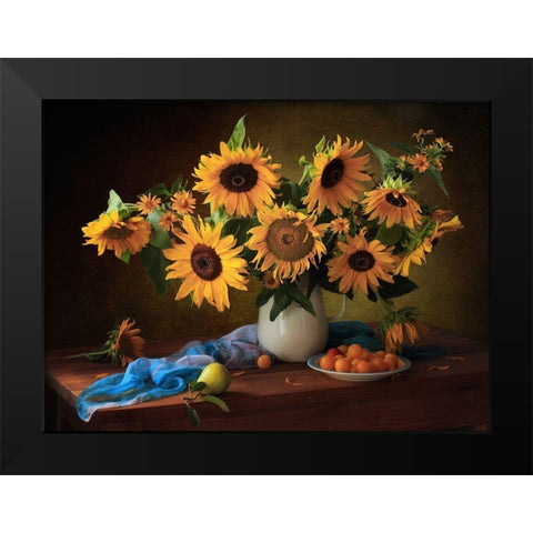 Still Life With Sunflowers And Yellow Plums Black Modern Wood Framed Art Print by Skorokhod, Tatyana