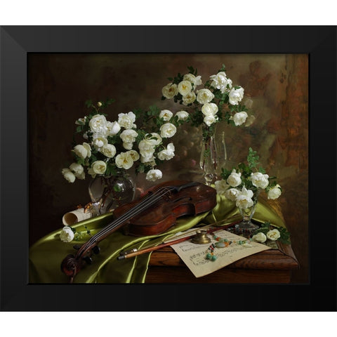 Still Life With Violin And Flowers Black Modern Wood Framed Art Print by Morozov, Andrey