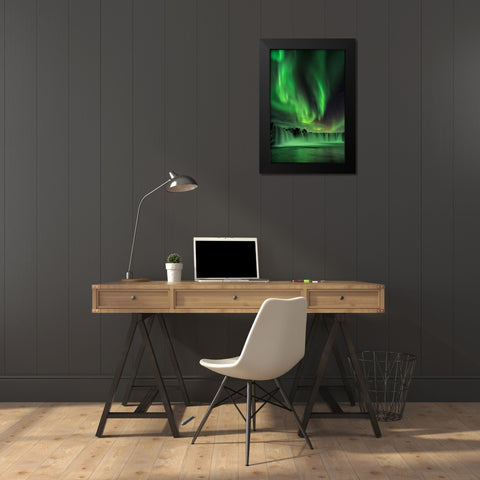 Northern Light On Godafoss Black Modern Wood Framed Art Print by Zhu, Hua