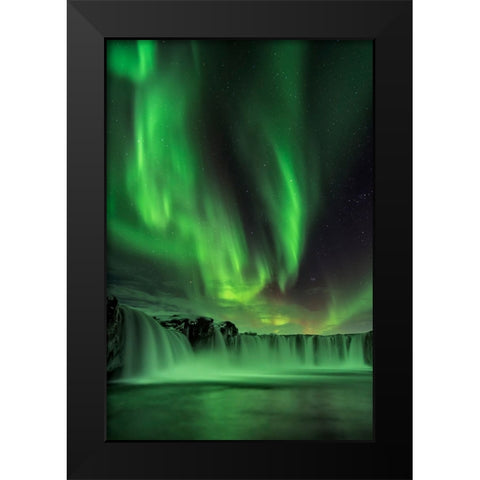 Northern Light On Godafoss Black Modern Wood Framed Art Print by Zhu, Hua
