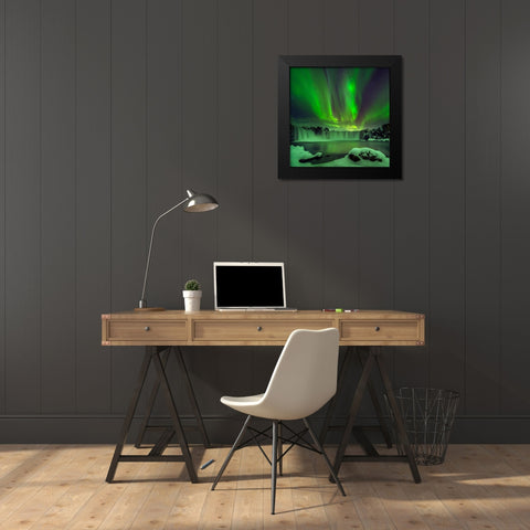 Northern Light Over Godafoss Black Modern Wood Framed Art Print by Zhu, Hua