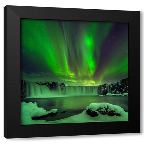 Northern Light Over Godafoss Black Modern Wood Framed Art Print by Zhu, Hua
