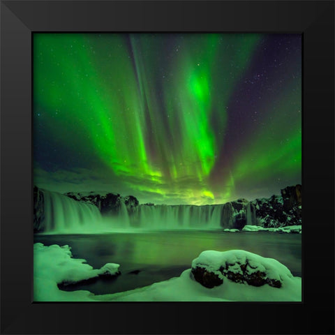 Northern Light Over Godafoss Black Modern Wood Framed Art Print by Zhu, Hua