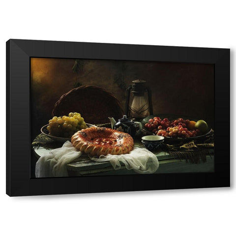 Stilllife  With Cake And Grapes Black Modern Wood Framed Art Print by Ustinagreen