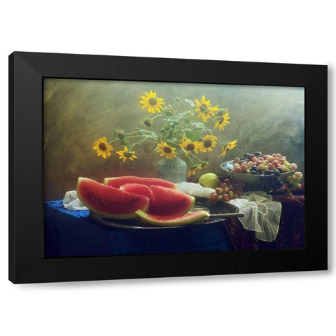 Still Life With Watermelon And Grapes Black Modern Wood Framed Art Print with Double Matting by Ustinagreen