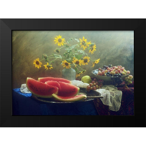 Still Life With Watermelon And Grapes Black Modern Wood Framed Art Print by Ustinagreen