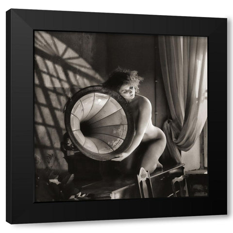 Girl With A Gramophone Black Modern Wood Framed Art Print by Kapsha, Eduards