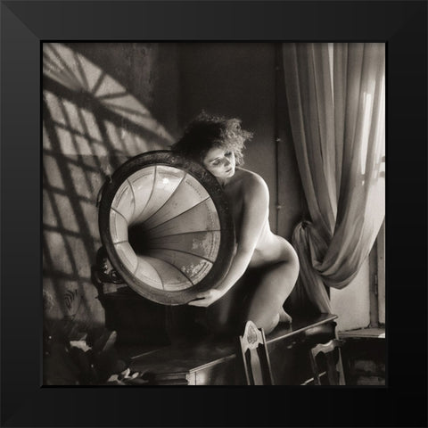 Girl With A Gramophone Black Modern Wood Framed Art Print by Kapsha, Eduards