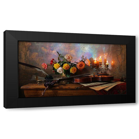 Still Life With Violin And Flowers Black Modern Wood Framed Art Print by Morozov, Andrey