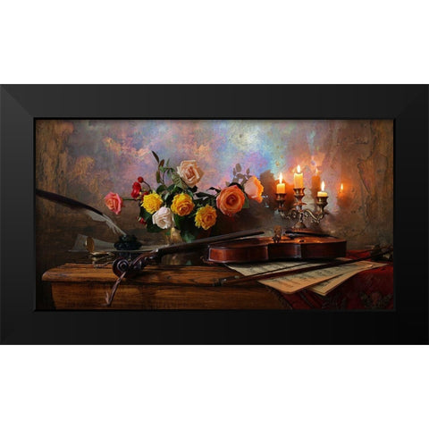 Still Life With Violin And Flowers Black Modern Wood Framed Art Print by Morozov, Andrey