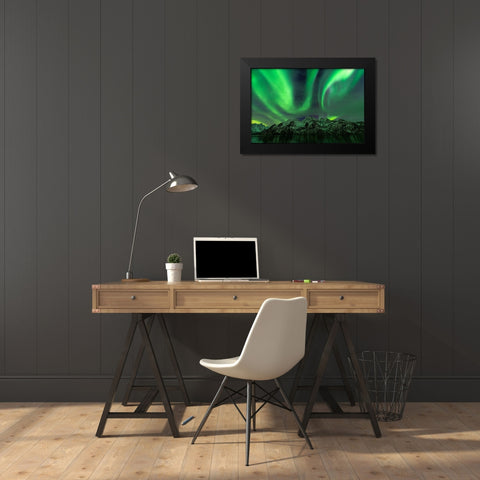 Lofoten Aurora Mountains Black Modern Wood Framed Art Print by Alicke, Bjoern